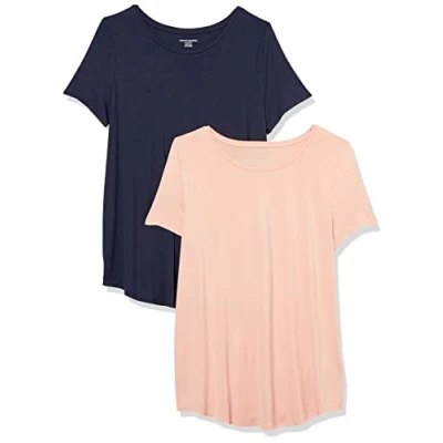 Image of Amazon Essentials Women&#039;s Short Sleeve Scoopneck Tunic, Pack of 2, Navy/Coral Pink, S
