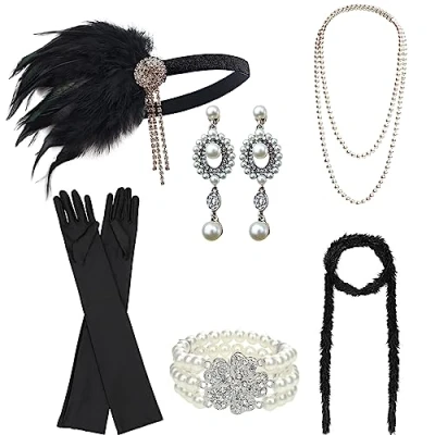 Image of DRESHOW 1920s Accessories Headband Necklace Gloves Flapper Costume Set for Women