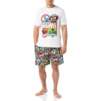 Image of Marvel Mens Comics Pyjamas, T Shirt and Shorts PJ Set, Incredible Hulk Captain America Spiderman Iron Man Pjs For Men, Official Merchandise, Gifts Men (M) White