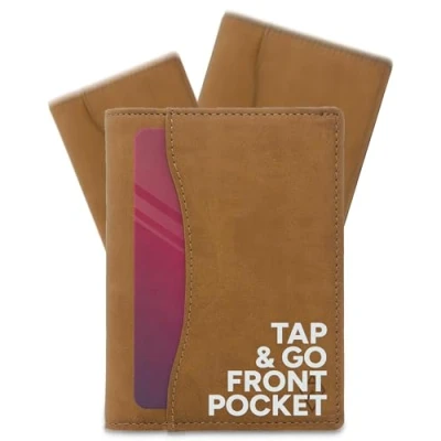Image of AKIELO RFID Blocking Bifold Card Wallet with Pull Tab and Gift Box Stylish &#039;Tap N Go&#039; Mens Credit Holder Wallets for Men (Oscar Tan Edition)