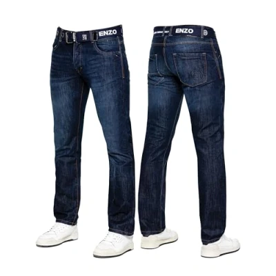 Image of 989Zé ENZO Mens Jeans Classic Straight Leg Casual Cotton Regular Fit Denim Pants Free Belt EZ384 Dark Blue 38W / 32L