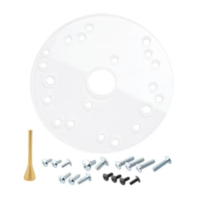 Image of POWERTEC 6 1/2&quot; Universal Router Base Plate w/Centering Pin and Screws. Clear Acrylic Sub Predrilled Holes Fits Porter Cable, Bosch, Milwaukee, Ryobi, Makita, Dewalt, Craftsman, Hitachi (71022)