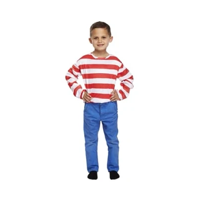 Image of HENBRANDT Children’s Red and White Striped Top with Long Sleeves Kids Costume Find Me Boy School Book Day Halloween Fancy Dress Outfit Size Large Ages 10 12 for Boys Girls