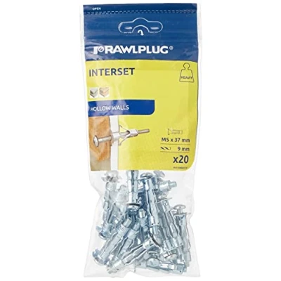 Image of Rawlplug Metal Fixing with Metric Screw Pack of 20 Screws for Plasterboard Cavity Wall Duty Fixings 5 x 37mm,Silver,R S1 SM05037/20