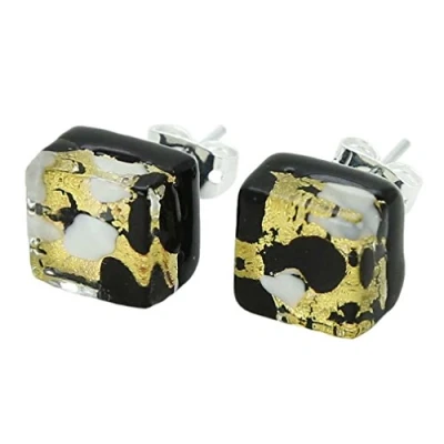Image of GlassOfVenice Murano Glass Venetian Reflections Square Stud Earrings Black Gold