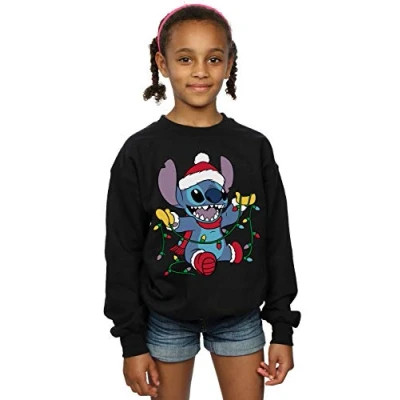 Image of Disney Girls Lilo and Stitch Christmas Lights Sweatshirt Black 5 6 Years
