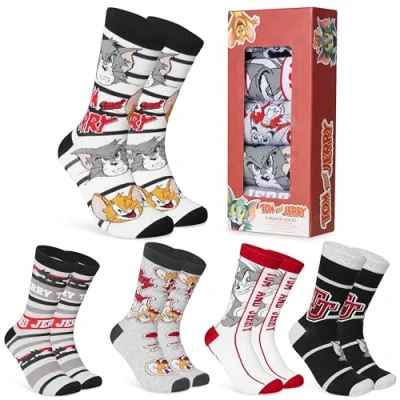 Image of Tom and Jerry Mens Socks Pack of 5 Crew for Men Teenagers Breathable Work Sports Casual Size 6 10 Gifts Him (Grey/Multi)
