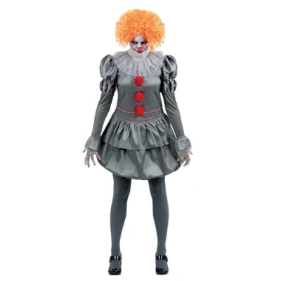 Image of Smiffys IT Chapter Two Pennywise Costume for Adults, Dress with Neck Ruffle and Tights, Grey, Officially Licensed, Ideal Halloween, Stag Hen Nights, Playful Fancy