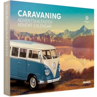 Image of FRANZIS 55115 Caravaning Advent Calendar, VW Bulli T1 Metal Model Kit in 1:24 Scale with 52 Page Accompaniment Book