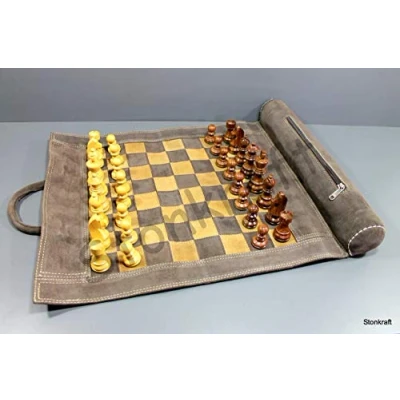 Image of Stonkraft 19&quot; x 15&quot; (Chess Board Size 12&quot; 12&quot;) Genuine Roll Up Leather Chess Set with Wooden Pieces Brown Grey Comes a Innovative Carry Pouch