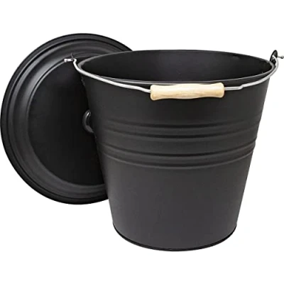 Image of UniverseGismo Carry Ash Bucket with Lid &amp; Handle Tools Fireplaces Fire Pits Wood Coal Burning Stove Metal Charcoal Bin Box Outdoor Indoor Galvanised Black (Ash Only)