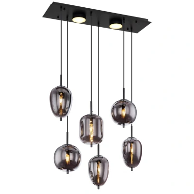 Image of Blacky Cluster Pendant Ceiling Light Matt Black Smoke Glass Shade 6x E14