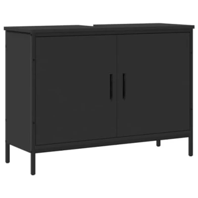 Image of vidaXL Engineered Wood Bathroom Sink Cabinet in Black Contemporary Vanity with Storage, 60x30x60 cm, Space Saving Under Design