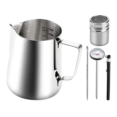 Image of NathrBTV Milk Jug 600ml/21oz, Frother Frothing Stainless Steel with Thermometer Powder Shaker Coffee Art Pen for Making Latte Cappuccino