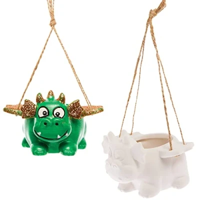 Image of Baker Ross FX721 Dragon Hanging Ceramic Flowerpots Box of 2, Paint Your Own Plant Pot