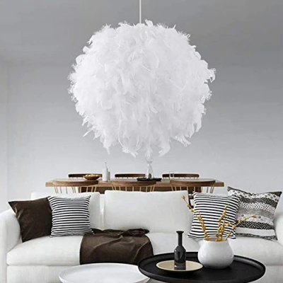 Image of White Feather Light Ceiling Lamp Pendant Shade Romantic Droplight Lampshade with E27 Bulb Floor Lamps for Living Room Dining and Bedroom 30 cm/11.81inch