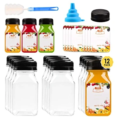 Image of 12pcs 4oz Mini Plastic Juice Bottles with Caps for Juicing &amp; Smoothies, Reusable Empty Clear Label, Funnel and Brush, Bulk Beverage Drink Containers Lids Fridge, Milk, Water