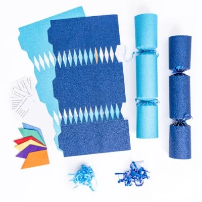 Image of evelay 12 Make Your Own Christmas Cracker Kit DIY Navy &amp; Blue Glitter Crackers Hats Snaps Jokes (Navy, Blue)