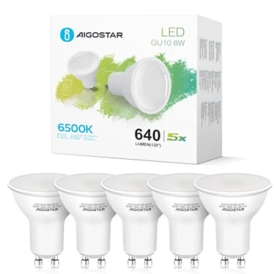 Image of Aigostar GU10 LED Bulbs Cool White, 8W 6500K 640 Lumen, 5 Pcs/Box, 100 Beam Angle, Flicker Free