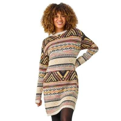 Image of Roman Thick Jumper Dress for Women UK Ladies Knitted Knit Sweater Long Longline Knitwear Autumn Winter Holiday Round Neck Sleeve Soft Knee Length Sweat Warm Ivory Multi Size 18