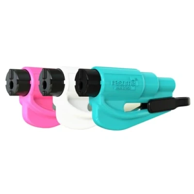 Image of RESQME Family Pack of 3 The Original Emergency Keychain Car Escape Tool, 2 in 1 Seatbelt Cutter and Window Breaker, Made USA, Pink, White, Teal Compact Hammer