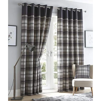 Image of Portfolio Curtains Orleans Check Striped Fully Lined Eyelet Ring Top Charcoal Grey 46&quot; Wide x 54&quot; Drop, Polyester and Cotton, 46 54 in