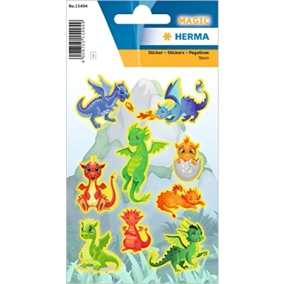 Image of HERMA 15494 Neon Stickers for Children, Dragons (9 Stickers, Plastic, Matte) Self Adhesive, Permanent Adhesive Motif Labels Girls and Boys, Colourful