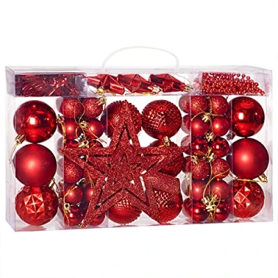Image of Deuba® 66pc Christmas Tree Baubles Set Xmas Festive Decoration Ø6cm Ø3cm Hanging Star With Hangers Topper Tinsel Garland Indoor Outdoor Matt Shiny Glitter Classic Red