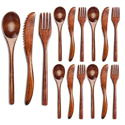Image of Baalaa 15 Pcs Fork Knife Cutlery Set Wooden Dinner Utensil Kitchen