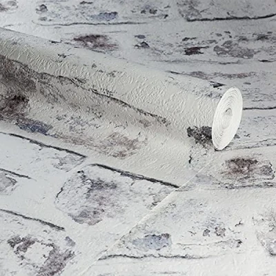 Image of SOPHIE LAURENCE Luxury Realistic Stone Brick Wall Effect Textured Wallpaper Paste The Whitewash Rustic Cream 3D