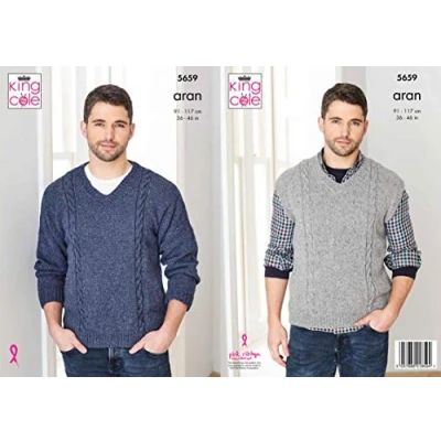 Image of King Cole 5659 Knitting Pattern Mens Easy Cable V Neck Sweater in Forest Aran