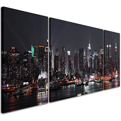 Image of Wallfillers New York City Night Skyline Black And White Canvas Wall Art 3AC187 XXL 191x65cm