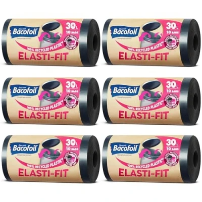 Image of Bacofoil Elasti Fit bin Liners 30L Recycled bags, 6 Rolls (72 Bags) Leak Proof, Elastic Fastening for Secure Made from 100% Plastic Eco Friendly Waste Disposal.