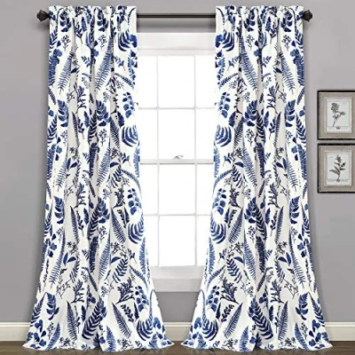 Image of Lush Decor White and Navy Devonia Room Darkening Window Curtain Set (95&quot; x 52&quot;)