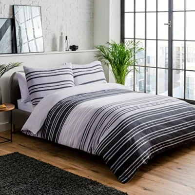 Image of Sleepdown Textured Stripe Black Grey Easy Care Soft Cosy Reversible Duvet Cover Quilt Bedding Set 155 cm x 220 Plus 2 Pillowcases 80