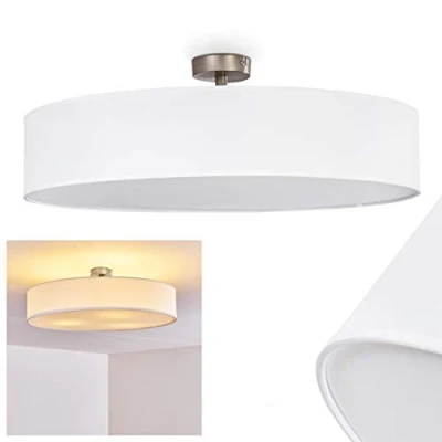 Image of Ceiling lamp Foggia, Round with Fabric lampshade in White, Ø 60 cm, 3 x E27 Socket, Retro Design, Without Bulbs