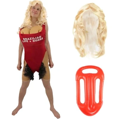 Image of STAG NIGHT COSTUME NOVELTY BRAZILIAN BABS LIFEGAURD FANCY DRESS WITH BLONDE WIG AND RED INFLATABLE FLOAT