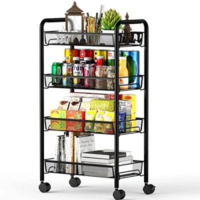 Image of Rolling Cart Storage Trolley 4 Tier Kitchen Organizer Utility Full Metal Basket Art Carts with Wheels &amp; Side Hooks (Black)