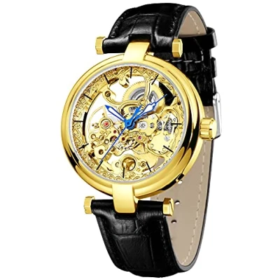 Image of Retro Steampunk Roman Number Leather Watch for Men Skeleton Transparent Automatic Watches (Gold)