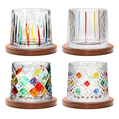 Image of Rotatable Old Fashioned Glass Cup, 275ml/10oz Crystal Whiskey Set of 4, Wood Coaster, Thickening, Used as Rum Glass, Cocktail Coffee Milk Cup to Relax and Reduce Stress