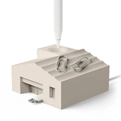 Image of elago Pencil Home Stand Compatible with Apple Pro (1st &amp; 2nd Generation) and (USB C) Other Pens, Stylus, Lightning Cable Organizer (Stone)