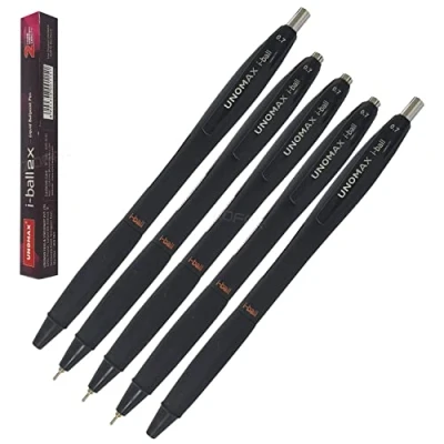 Image of UNOMAX i Ball Retractable Ballpoint Pens, BLACK, Fine Point (0.7mm), Pack of 5, Multipack, School Office Home Everyday Use, ZOFAX Black Pen