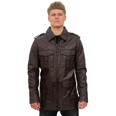 Image of Infinity Leather Men’s Brown Casual Parka Safari Multi Pocket Collar Trench Reefer Jacket Coat XL