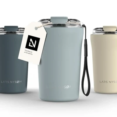 Image of LARS NYSØM Thermo Coffee Mug to Go with Strap 13oz Travel 0.38 Liter Insulation Leak Proof Stainless Steel Thermal Tumbler for and Tea (Sky Blue, 380ml)
