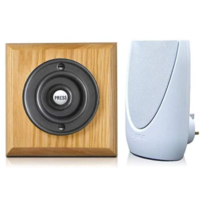 Image of Byron 100m Wireless Period Plug in Doorbell kit Push on Plinth (Honey Black)