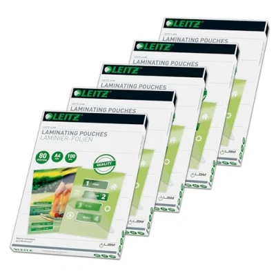Image of Leitz 74330000 Hot Laminating Pouches A4 80 Micron, Pack of 5 x 100 Pieces, High Quality with Rounded Corners, Transparent, Glossy, for Use at Home or in The Office