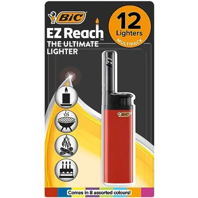 Image of BIC EZ Reach Utility Lighters with 3.5 cm Wand, The Ultimate Lighter&#039; Produces up to 900 Lights perfect for Candles, Gas Cookers &amp; BBQs Pack of 12 in Assorted Colours