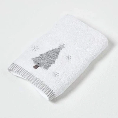 Image of HOMESCAPES Christmas Tree Embroidered Towel 100% Cotton White Hand with Decorative Silver Festive Design SIZE Guest for Bathroom or Xmas Gift