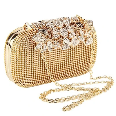 Image of Eleoption Diamante Crystal Diamond Evening Bag Unique Clasp Clutch Flower Rhinestone Purse Party Bridal Prom (Cold)