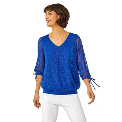 Image of Roman Womens Burnout Tie Sleeve Overlay Top Blue Size 20 UK